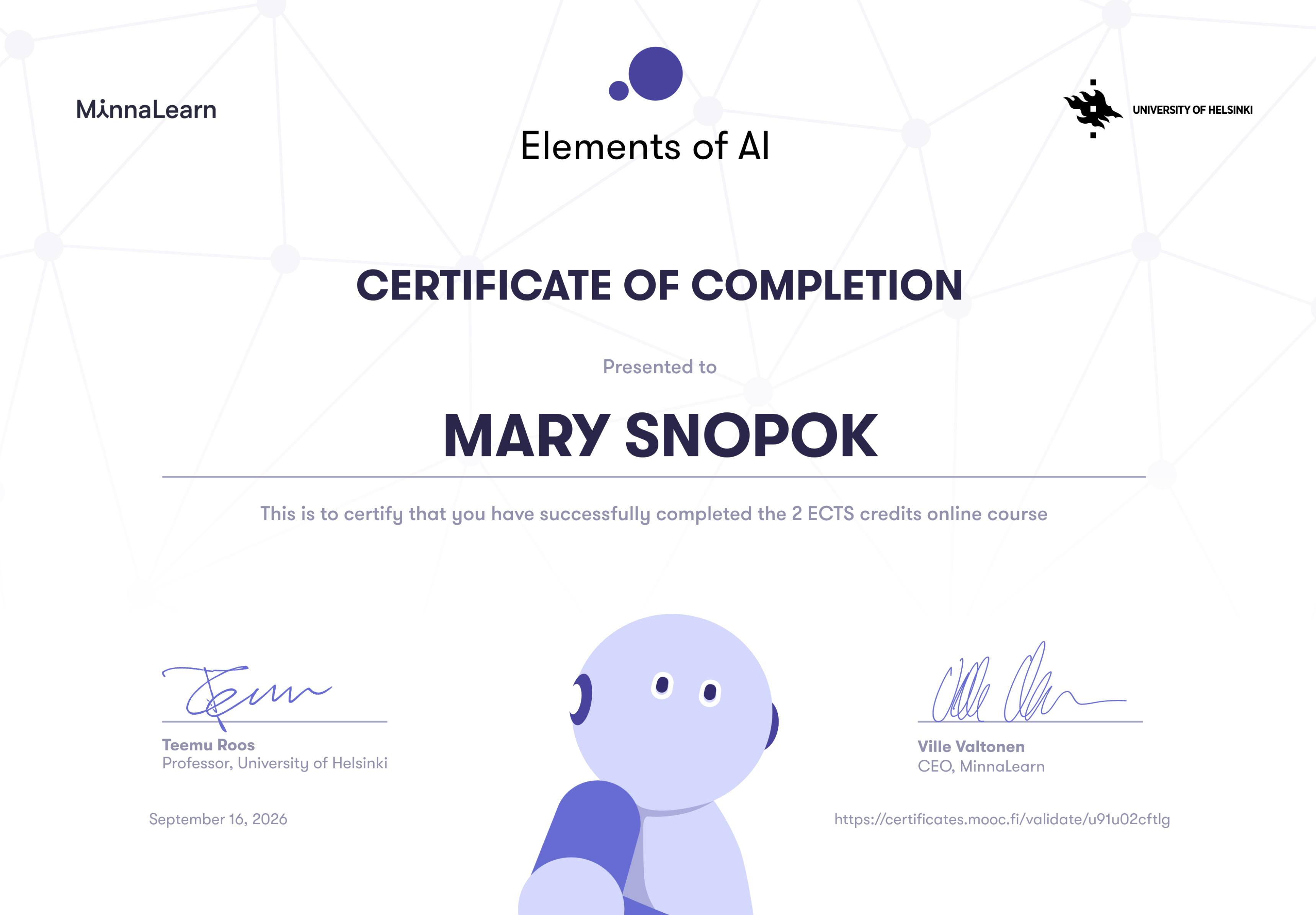 Elements of AI certificate